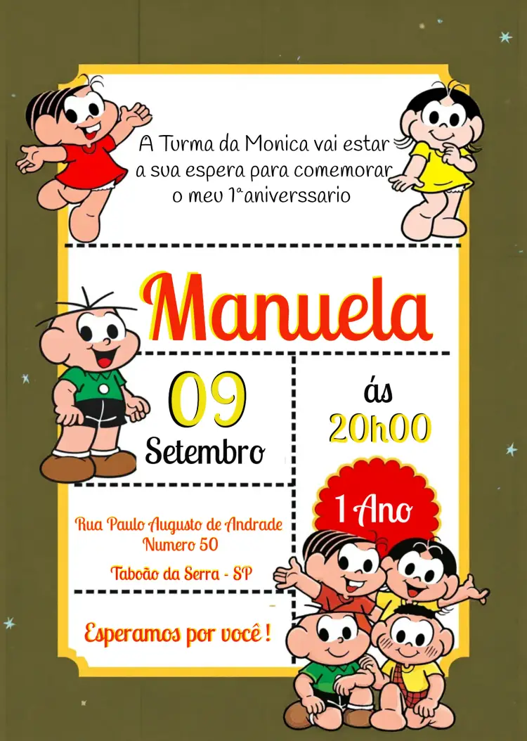 Convite Turma Da Mônica Quadrinhos Cores editável e personalizável