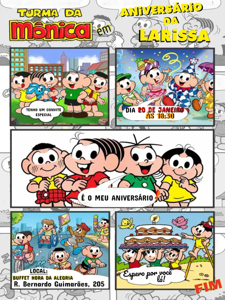 Convite Turma Da Mônica Quadrinhos Pássaros – tema Aniversário Infantil colorido, quadrinhos, infantil, animado, divertido, temático