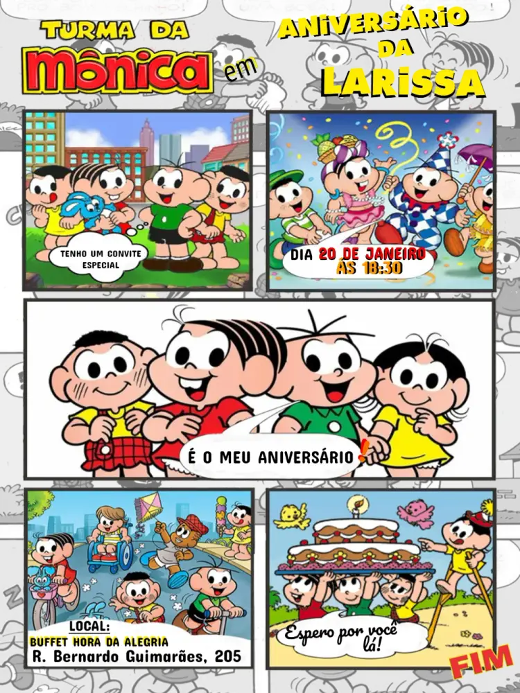 Convite Turma Da Mônica Quadrinhos Pássaros editável e personalizável