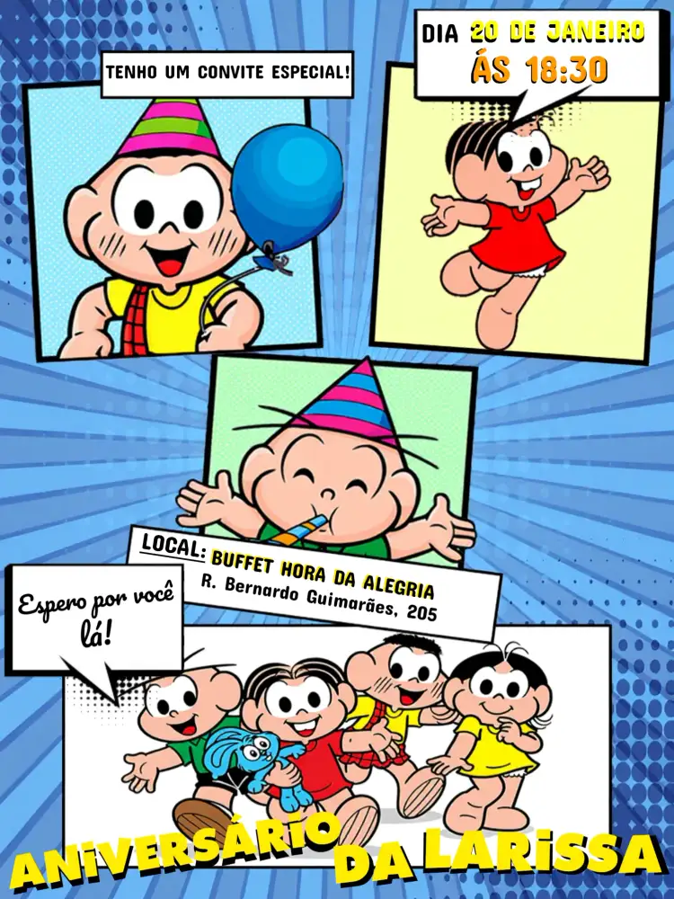Convite Turma Da Mônica Quadrinhos Vermelho – tema Aniversário Infantil colorido, quadrinhos, infantil, divertido, vibrante