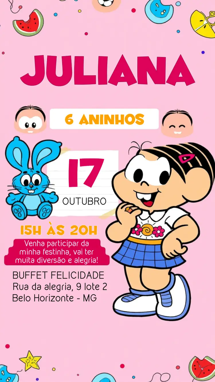 Convite Turma Da Mônica Rosa – tema Aniversário Infantil rosa, divertido, colorido, ilustrações, infantil, temática