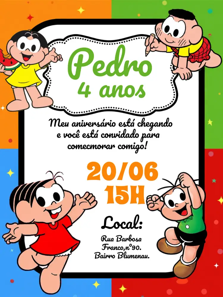 Convite Turma Da Mônica Vermelho – tema Aniversário Infantil colorido, divertido, infantil, festivo, ilustrações de personagens