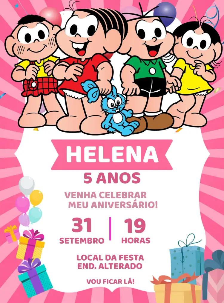 Convite Turma Da Mônica Rosa Menina Infantil – tema Aniversário Infantil rosa, divertido, infantil, colorido, lúdico