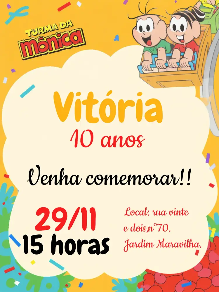 Convite Turma Da Mônica Russa – tema Aniversário Infantil vibrante, divertido, temático, infantil, colorido, ilustrativo