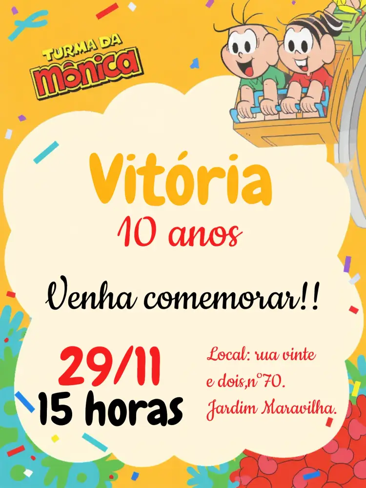 Convite Turma Da Mônica Russa editável e personalizável