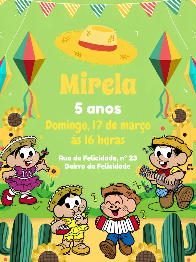 Convite Turma Da Mônica São João Colorido – tema Datas Comemorativas colorido, divertido, infantil, junino, ilustrativo