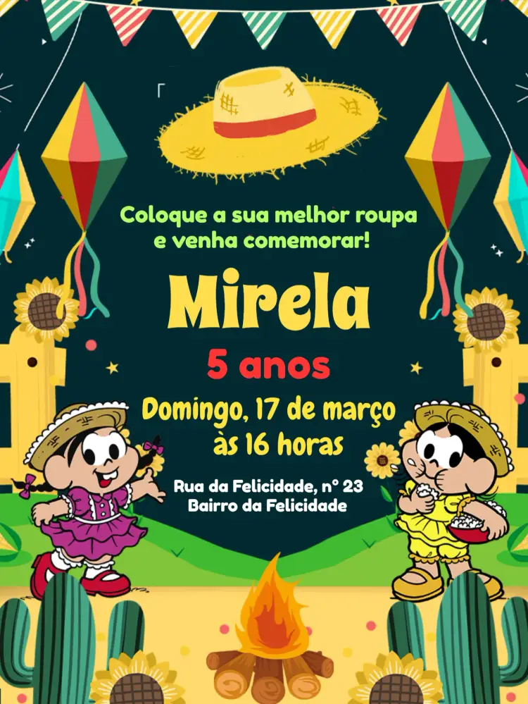 Convite Turma Da Mônica São João Colorido editável e personalizável