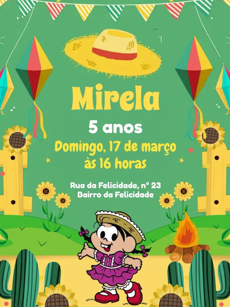 Convite Turma Da Mônica São João Colorido editável e personalizável
