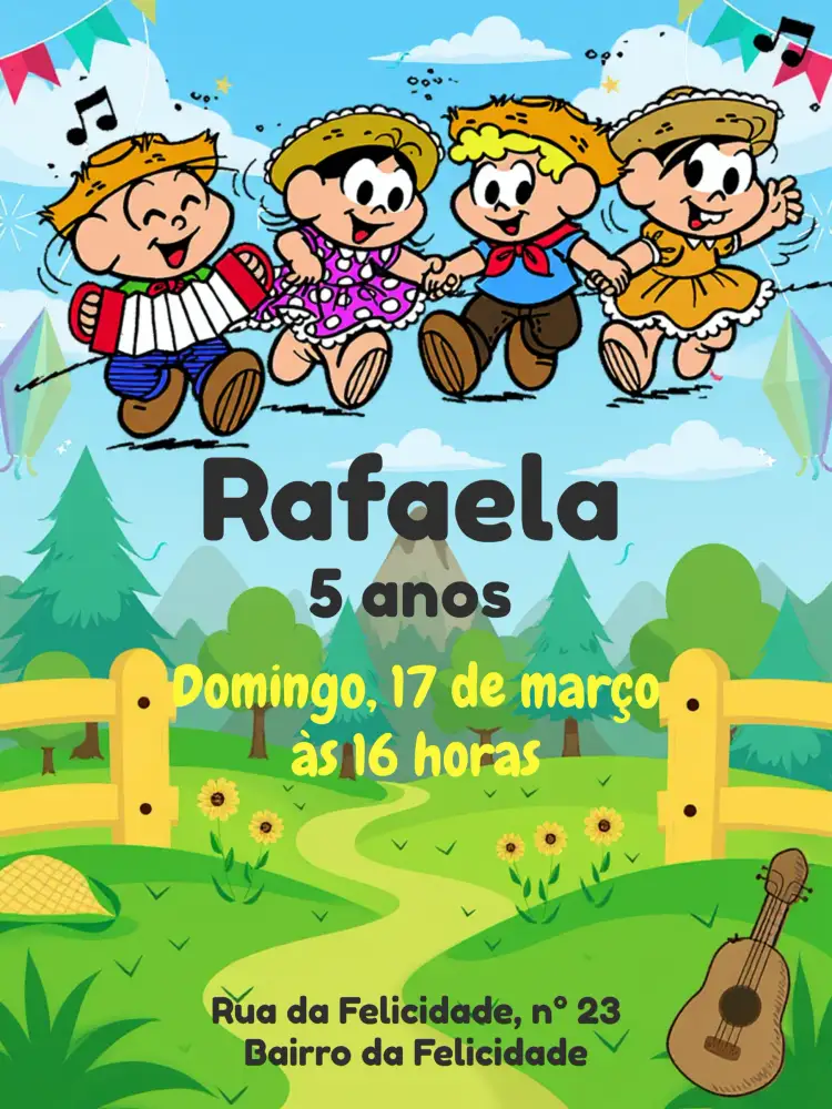 Convite Turma Da Mônica São João Junina – tema Datas Comemorativas colorido, divertido, infantil, alegre, tradicional, festivo