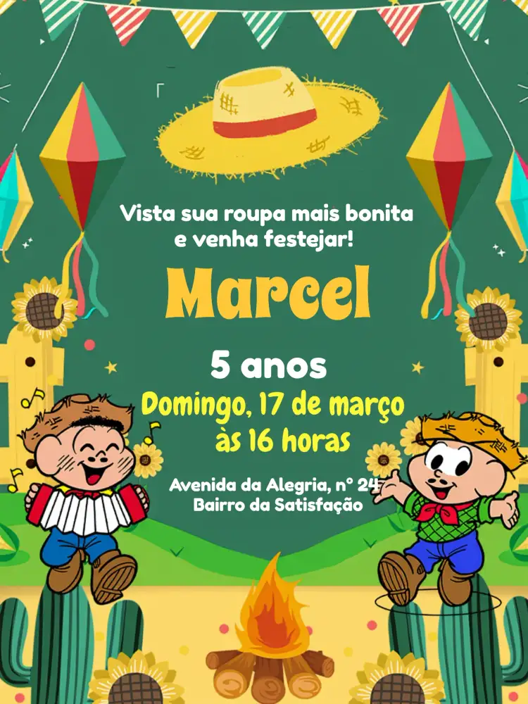 Convite Turma Da Mônica São João Quadrilha – tema Datas Comemorativas colorido, divertido, temático, festivo, junino, infantil