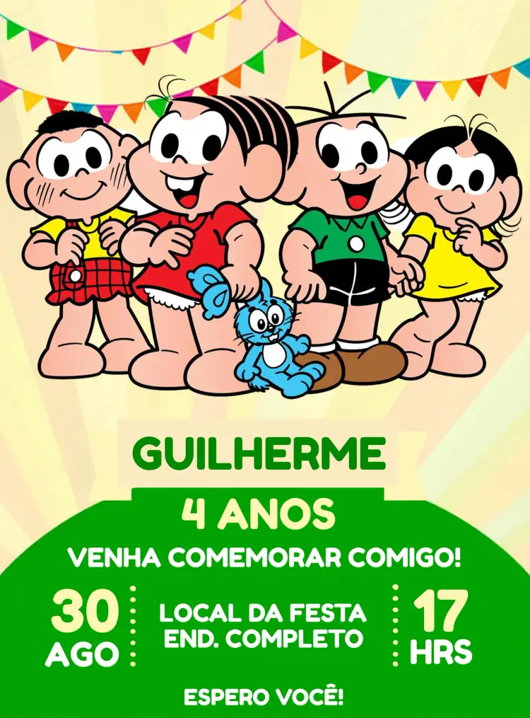 Convite Turma Da Monica Souza – tema Aniversário Infantil colorido, divertido, ilustrações infantis, moderno, temático, lúdico