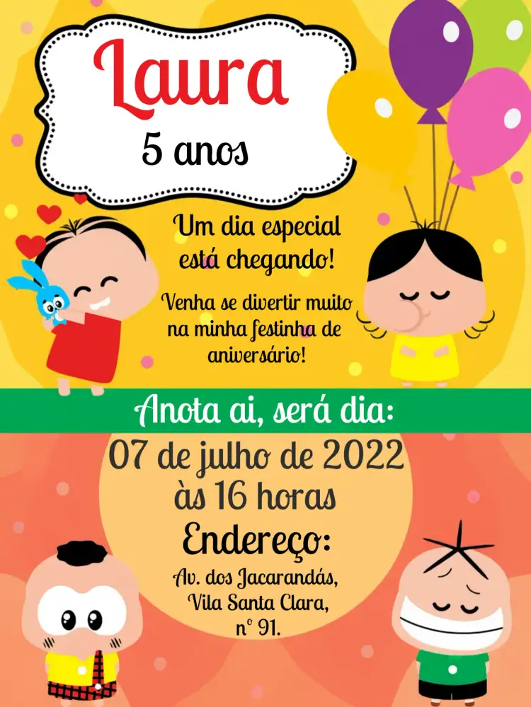 Convite Turma Da Mônica Toy Amarelo – tema Aniversário Infantil colorido, divertido, ilustrativo, infantil, brincalhão, lúdico