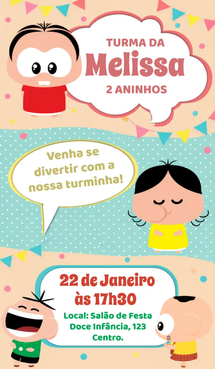 Convite Turma Da Mônica Toy Baby – tema Aniversário Infantil colorido, divertido, infantil, ilustrações de personagens, temática lúdica