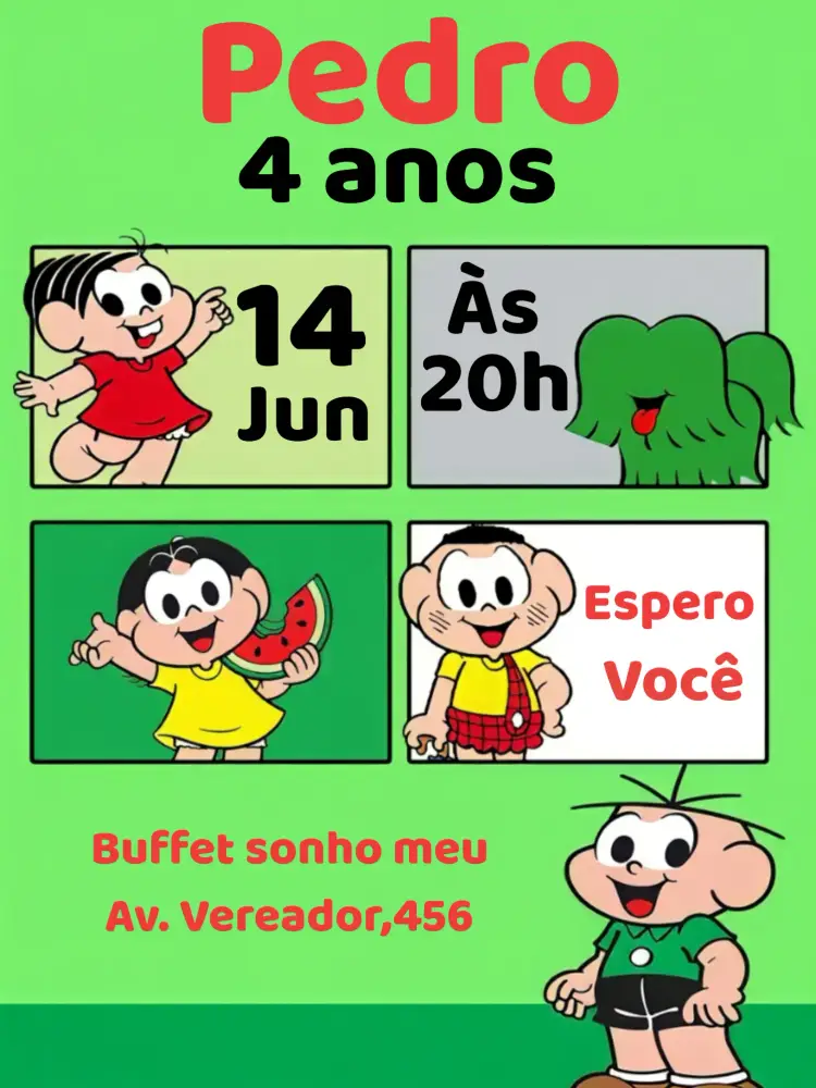 Convite Turma Da Mônica Vermelho editável e personalizável