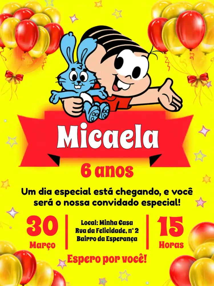 Convite Turma Da Mônica Vermelho – tema Aniversário Infantil vermelho vibrante, animais divertidos, ilustrações infantis, estilo cartoon, design alegre, festa colorida