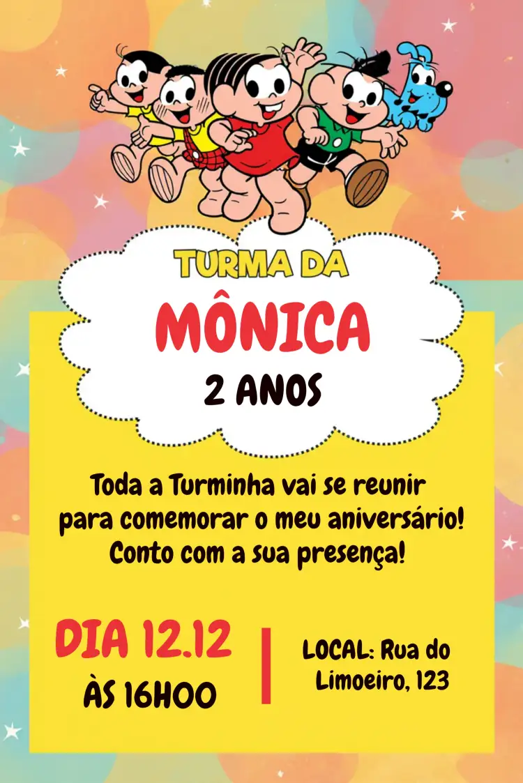 Convite Turma Da Mônica Amarelo – tema Aniversário Infantil quadrinhos, colorido, divertido, infantil, temático, alegre