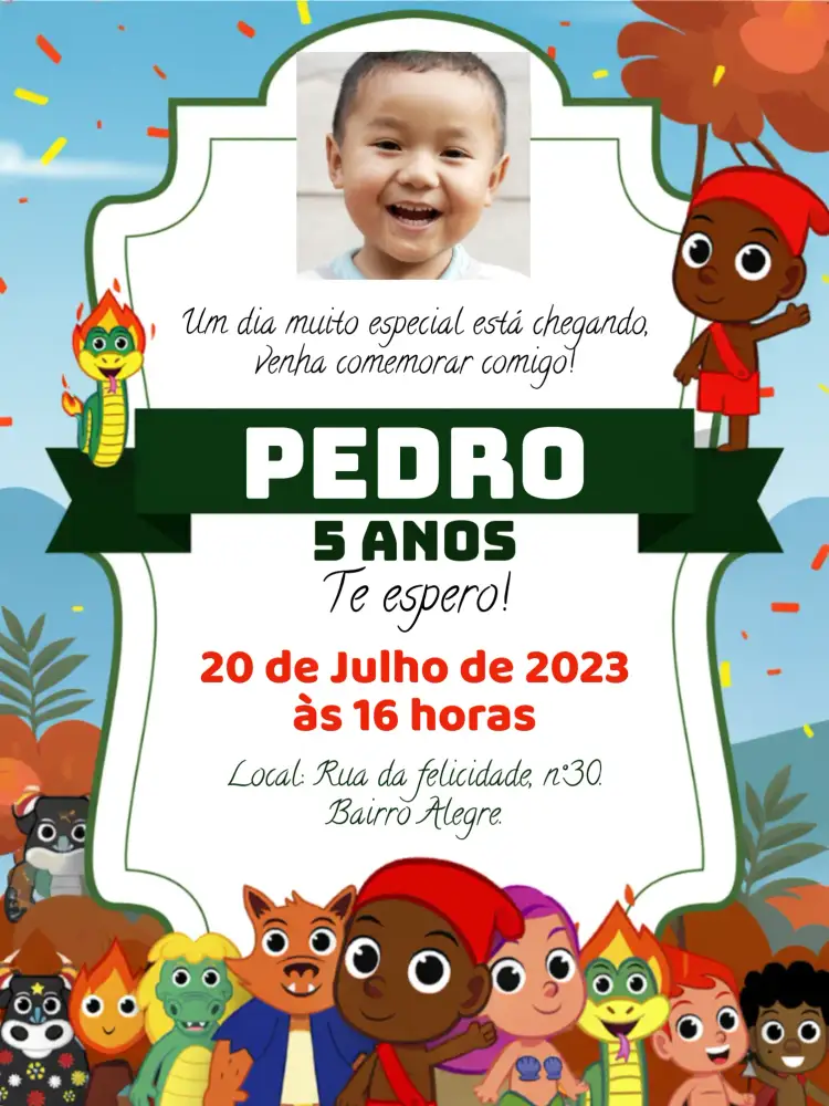 Convite Turma Do Folclore Com Foto Saci – tema Aniversário Infantil verde, folclore, natureza, divertido, lúdico, colorido