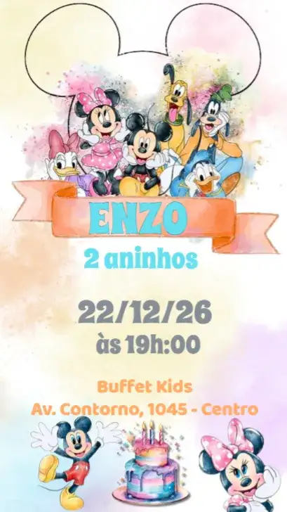 Convite Turma do Mickey Aquarela – tema Aniversário Infantil aquarela, colorido, divertido, infantil, moderno