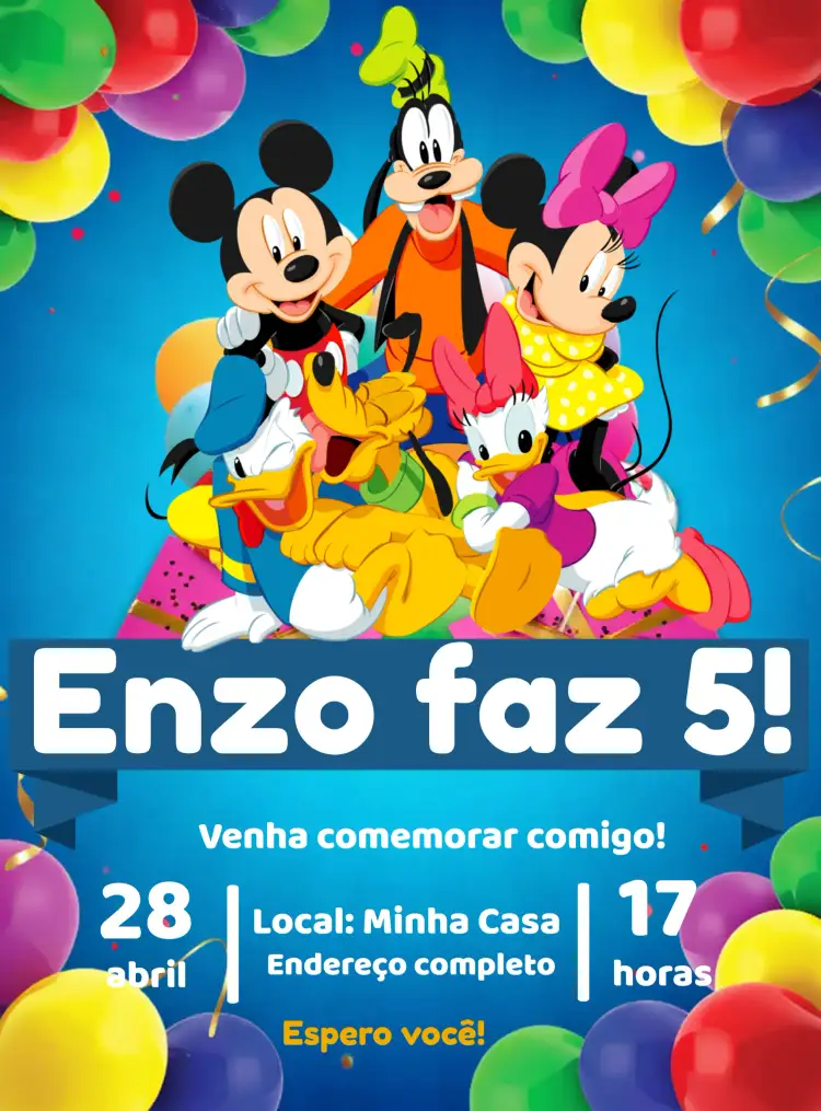 Convite Turma Do Mickey Azul – tema Aniversário Infantil azul, branco, lúdico, divertido, infantil
