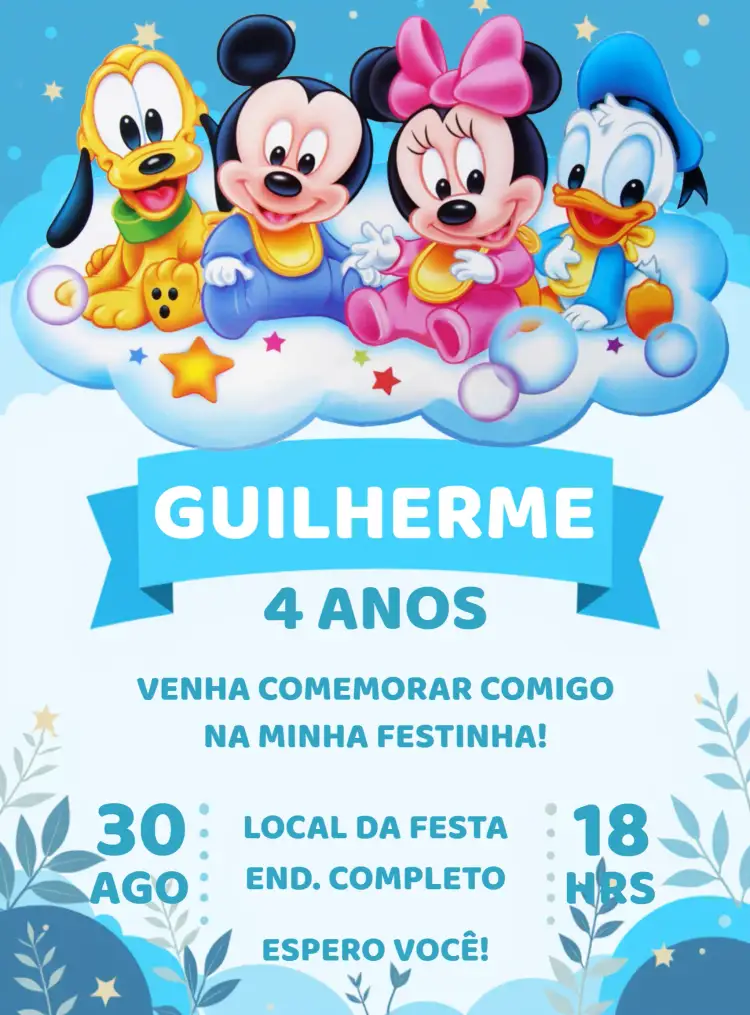 Convite Turma Do Mickey Baby Azul – tema Aniversário Infantil azul claro, divertido, infantil, colorido, ilustrações animadas, mickey mouse