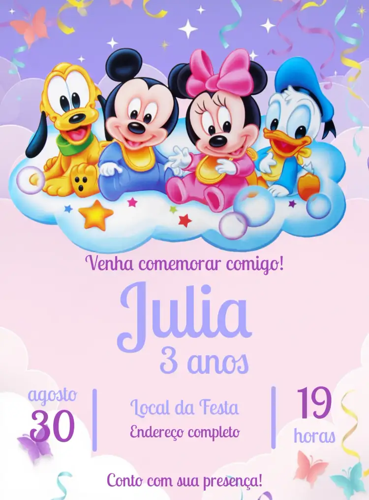 Convite Turma Do Mickey Baby Festa – tema Aniversário Infantil cores suaves, estilo infantil, elementos gráficos do Mickey, design divertido, temática rosa e lilás, inspirado na Disney