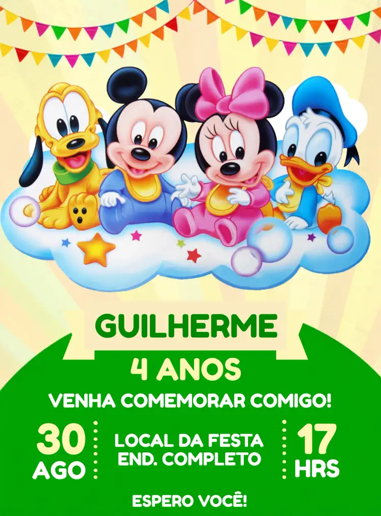 Convite Turma Do Mickey Baby Infantil – tema Aniversário Infantil colorido, divertido, infantil, temático, Disney, vibrante