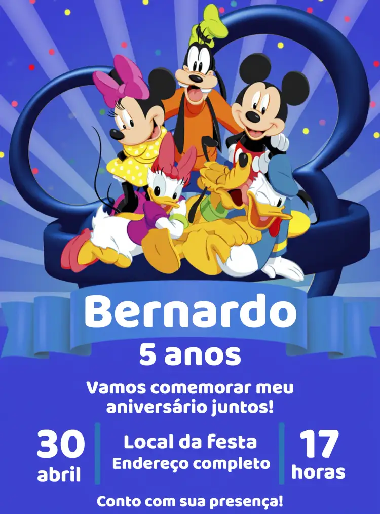 Convite Turma Do Mickey Minnie – tema Aniversário Infantil colorido, divertido, temático, infantil, vibrante