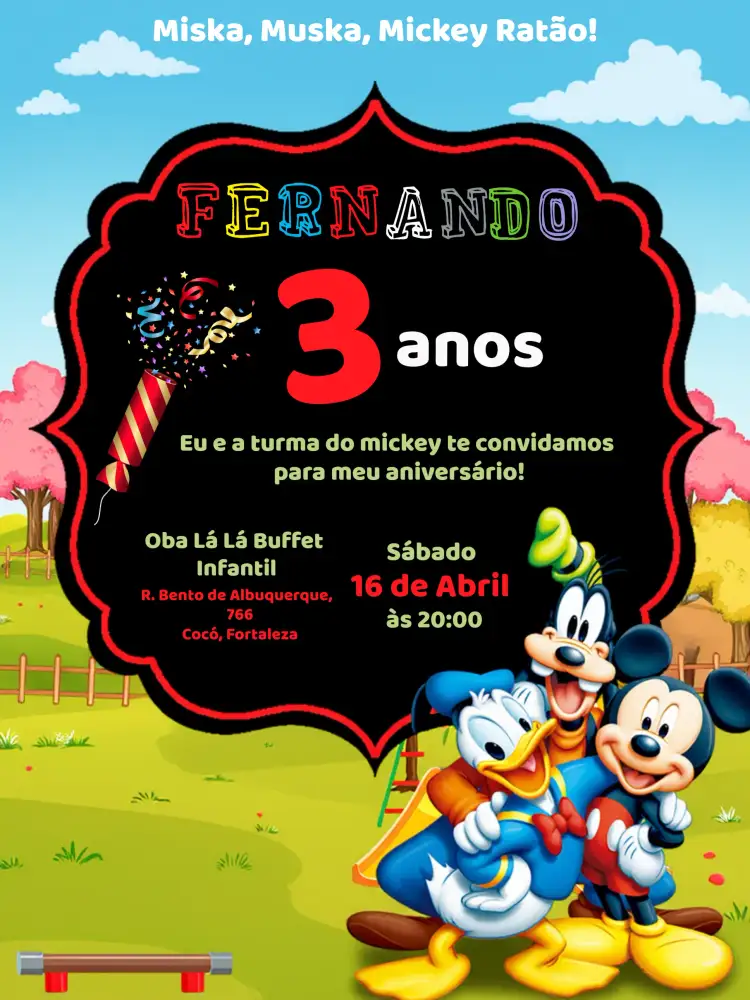 Convite Turma Do Mickey Mouse Azul – tema Aniversário Infantil colorido, divertido, temático, infantil, animado, vibrante