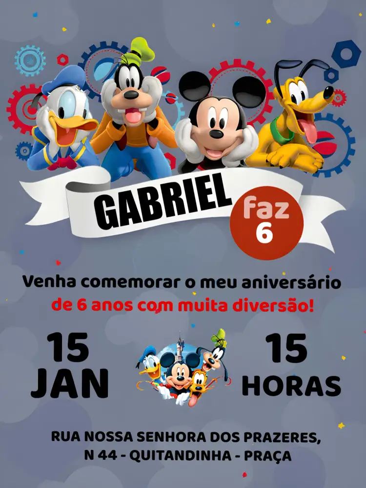 Convite Turma Do Mickey Mouse Branco – tema Aniversário Infantil branco, preto, divertido, infantil, temático, colorido