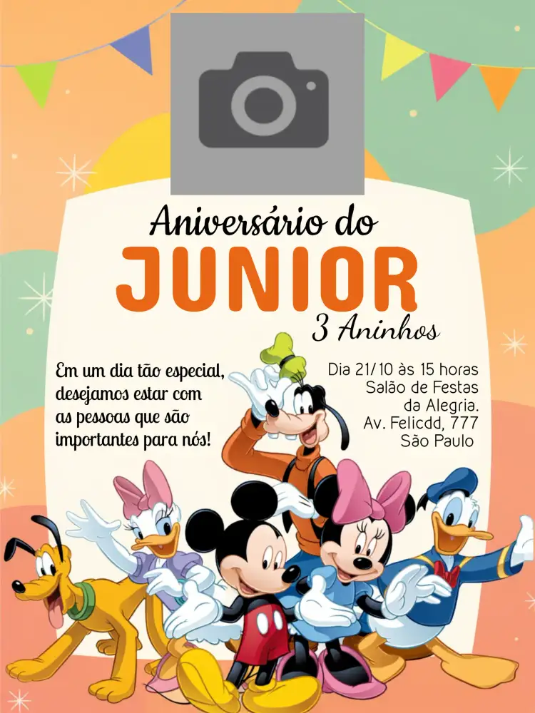 Convite Turma Do Mickey Mouse Com Foto Margarida – tema Aniversário Infantil cores vibrantes, estilo divertido, elementos da Disney, design alegre, tema infantil, toques de magia