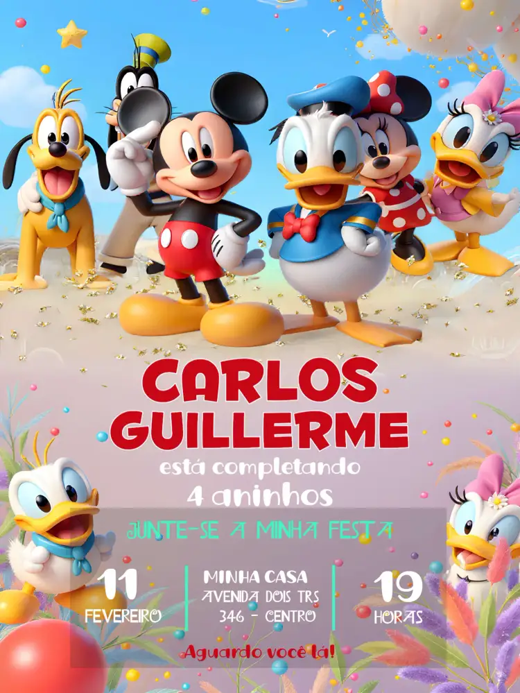Convite Turma Do Mickey Mouse Disney – tema Aniversário Infantil colorido, divertido, temático, infantil, lúdico
