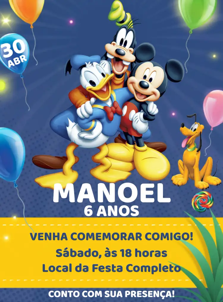 Convite Turma Do Mickey Pateta – tema Aniversário Infantil Turma do Mickey, Pateta, Festa infantil
