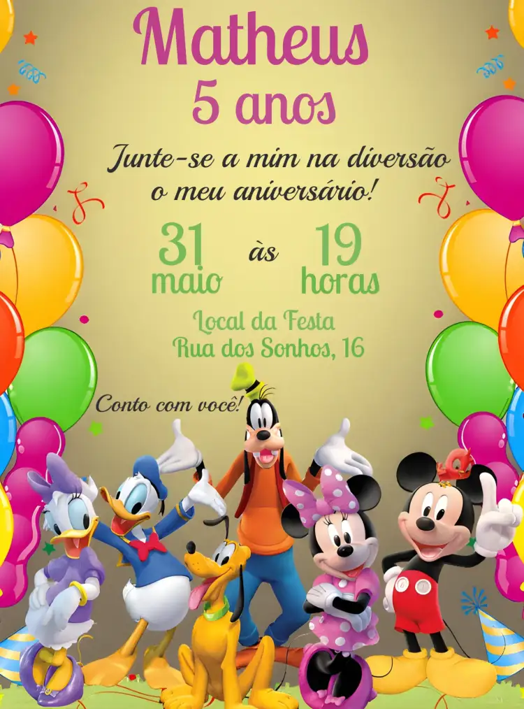 Convite Turma Do Mickey Menino – tema Aniversário Infantil colorido, temático, divertido, infantil, Disney, festivo