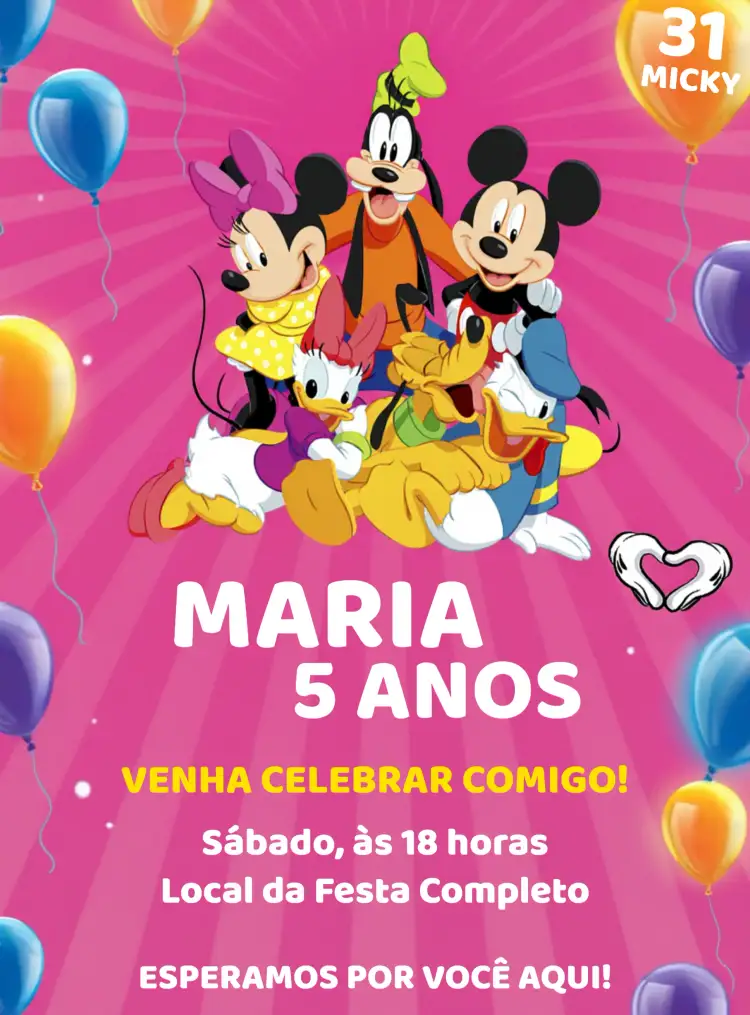 Convite Turma Do Mickey Pato – tema Aniversário Infantil colorido, divertido, infantil, temático, clássico da Disney