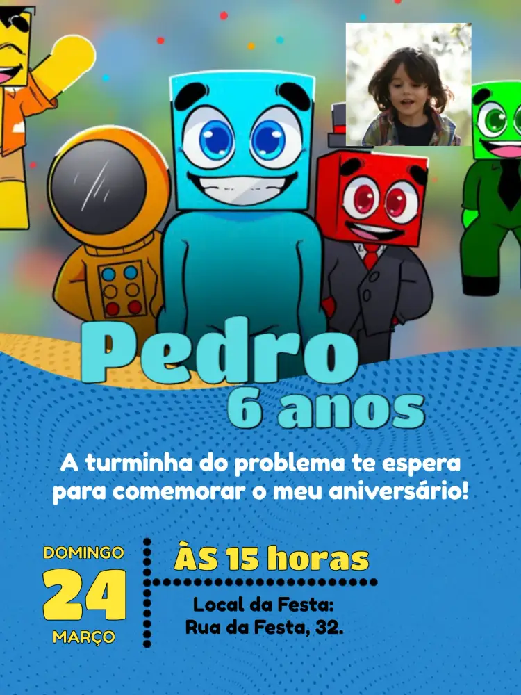 Convite Turma Do Problems Com Foto Problema – tema Aniversário Infantil divertido, colorido, infantil, moderno, ilustração, jovial