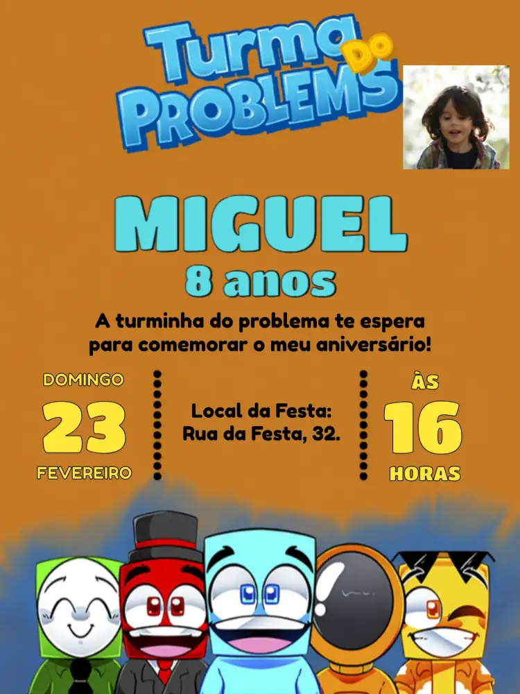 Convite Turma Do Problems Com Foto Youtube – tema Aniversário Infantil azul vibrante, amarelo alegre, estilo moderno, gráficos divertidos, inspirado na série, tema de animação