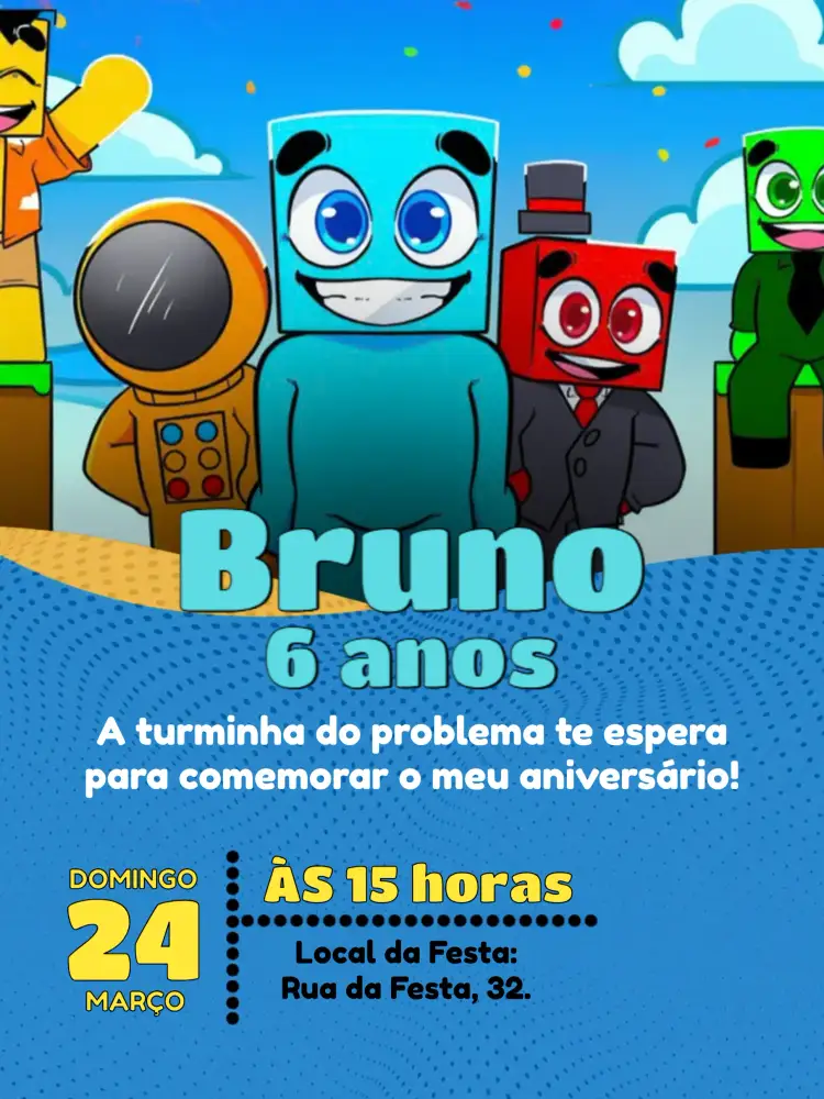 Convite Turma Do Problems Problema – tema Aniversário Infantil colorido, infantil, moderno, divertido, ilustrações animadas, temática de problemas