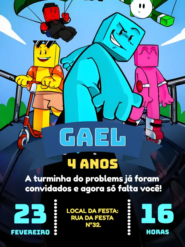 Convite Turma Do Problems Amarelo – tema Aniversário Infantil colorido, divertido, lúdico, infantil, moderno