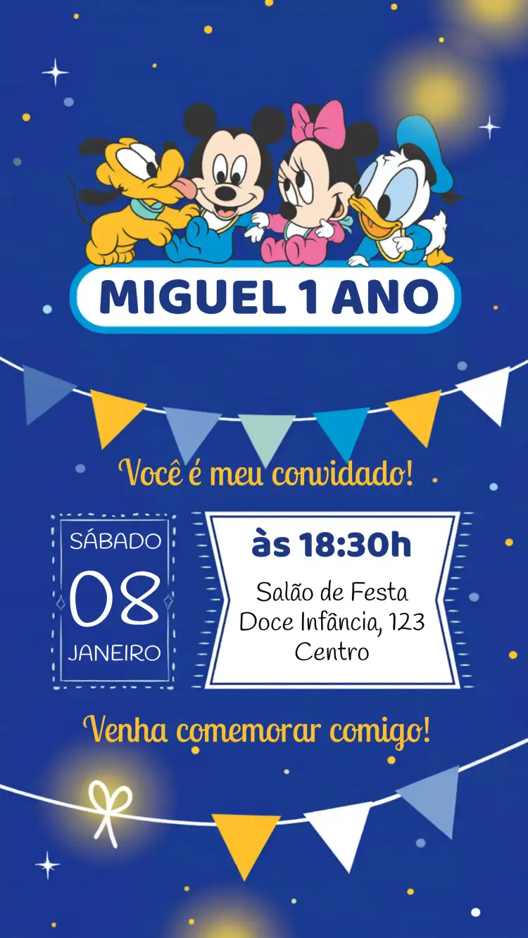 Convite Turma Mickey Mouse Baby Donald – tema Aniversário Infantil Disney, colorido, lúdico, divertido, azul, infantil