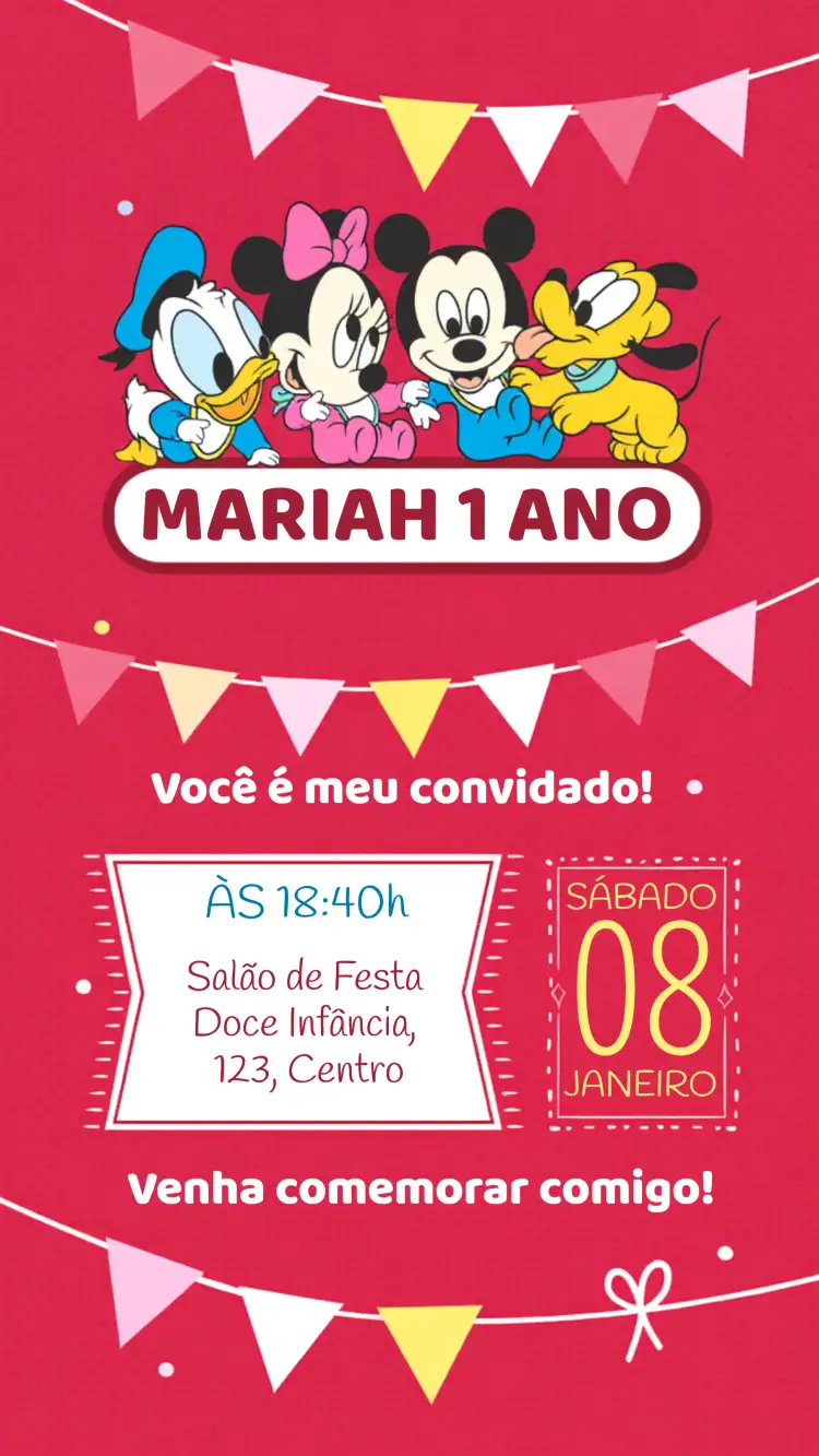 Convite Turma Mickey Mouse Minnie – tema Aniversário Infantil colorido, lúdico, divertido, infantil, personagens Disney, fofo