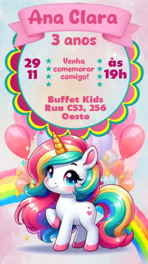 Convite Unicórnio – tema Aniversário Infantil cores pastel, brilho e glitter, elementos mágicos, estilo lúdico, ilustrações fofas, inspirado em contos de fadas