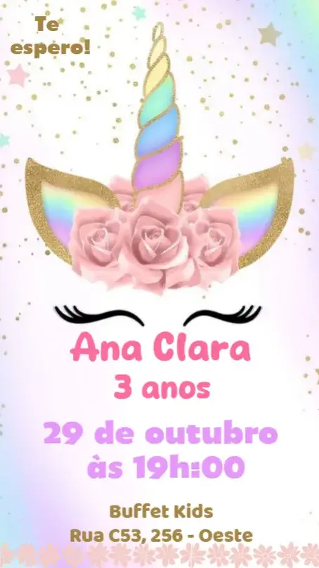 Convite Unicórnio – tema Aniversário Infantil dourado, mágico, fantasia, colorido, ilustrativo, brilhante
