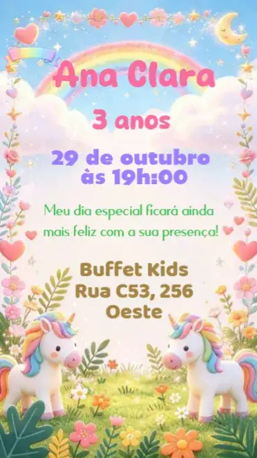 Convite Unicórnio – tema Aniversário Infantil cores pastéis, estilo lúdico, elementos mágicos, brilho e glitter, design encantador, tema de fantasia