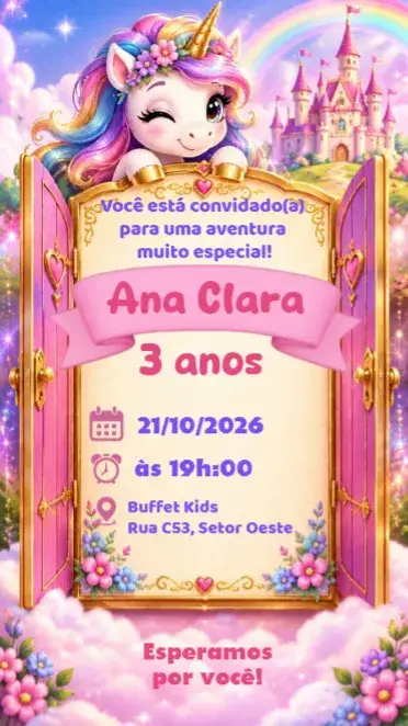 Invitation Unicórnio – Aniversário Infantil theme cores pastel, mágico, fantasia, lúdico, colorido, arco-íris