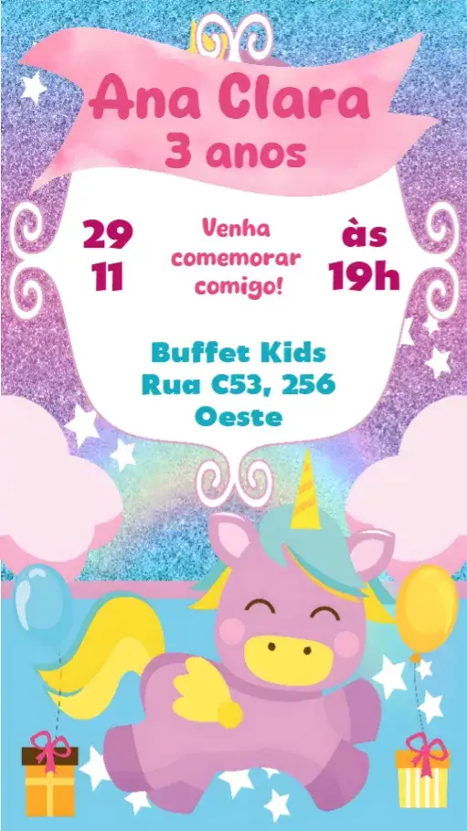 Convite Unicórnio – tema Aniversário Infantil colorido, mágico, fantasia, pastel, brilho, ilustrações infantis