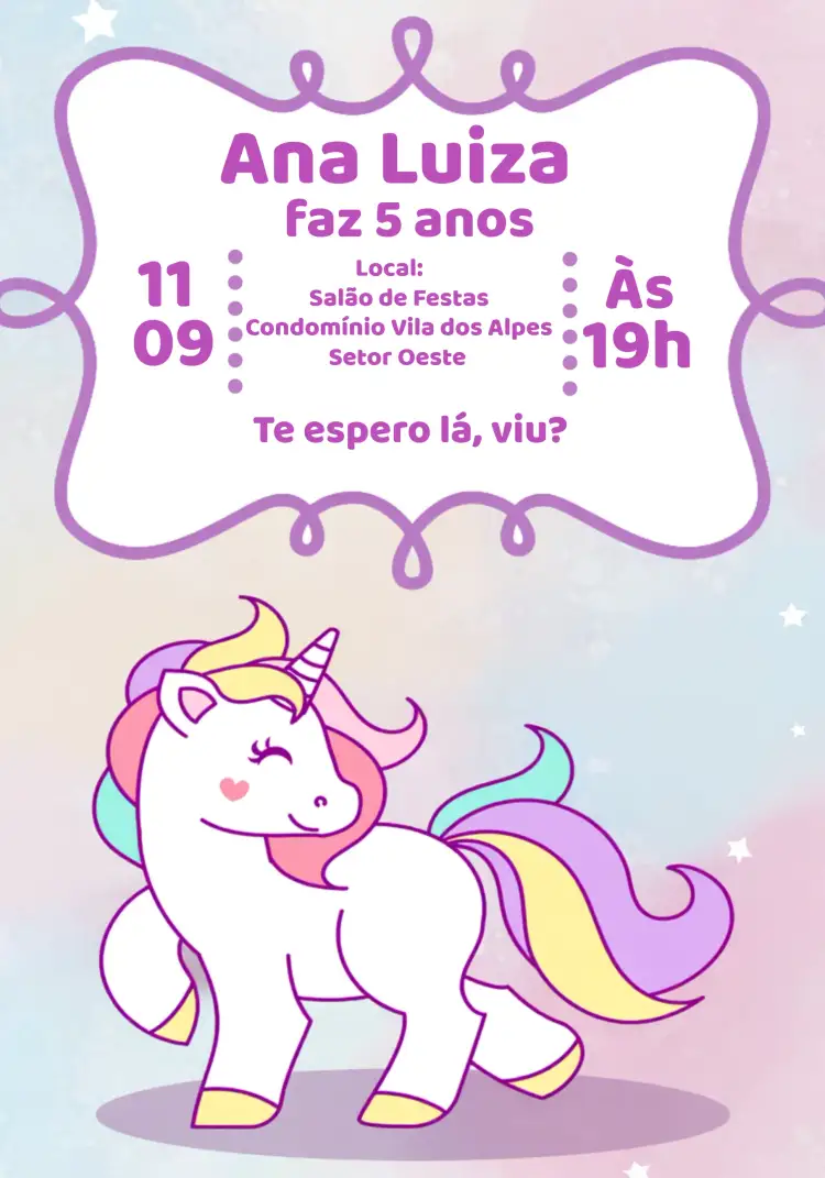 Convite Unicórnio Colorido – tema Mais pesquisados colorido, fantasia, mágico, infantil, divertido, vibrante
