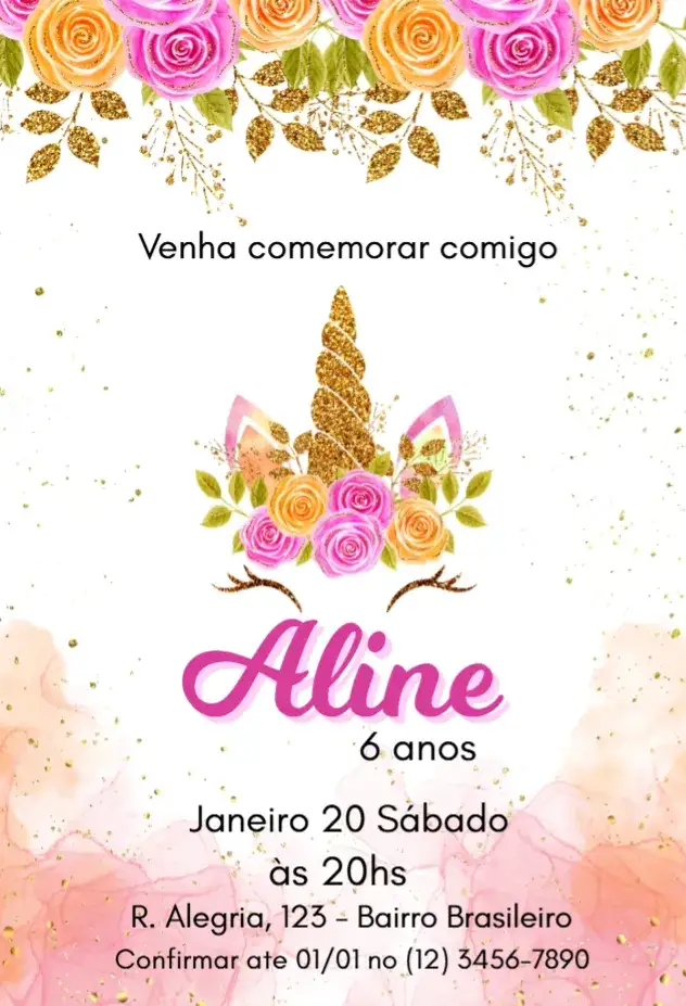 Convite Unicórnio com Flores e Glitter – tema Aniversário Infantil floral, mágico, colorido, brilhante, infantil