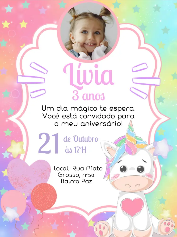 Convite Unicórnio Com Foto Amarelo