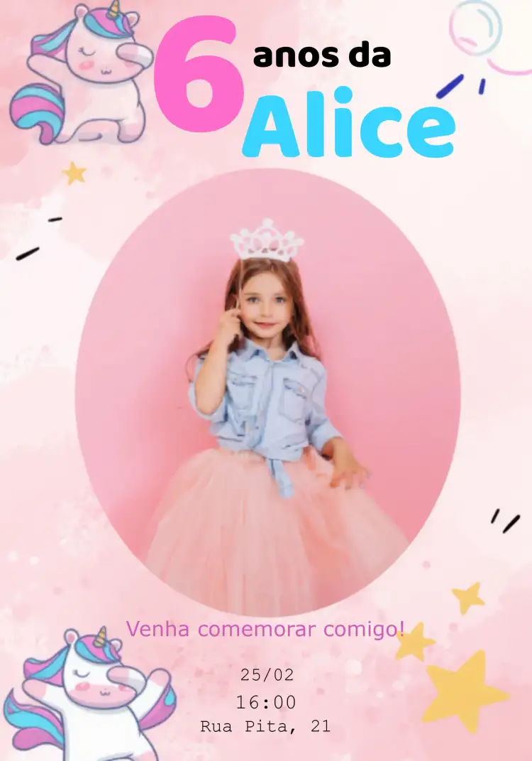 Convite Unicórnio Com Foto Familiares – tema Datas Comemorativas unicórnio, cores pastel, estilo lúdico, elementos gráficos divertidos, tema mágico, inspirado em contos de fadas
