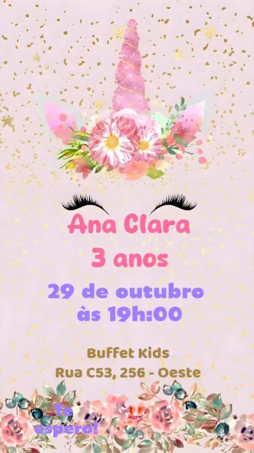 Convite Unicórnio Luxo – tema Aniversário Infantil cores pastel, brilho e glamour, elementos gráficos de unicórnio, estrelas cintilantes, design encantador, estilo mágico
